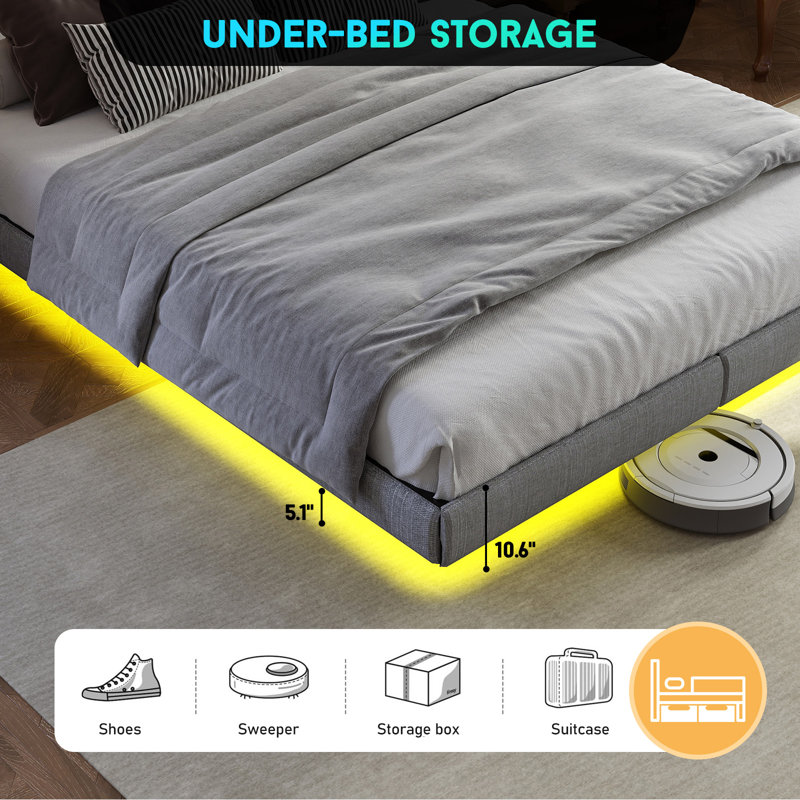 Floating Bed Frame with LED Lights, Modern Bed Frame with Storage Space, Platform Bed Frame, Easy to Assemble, Full
