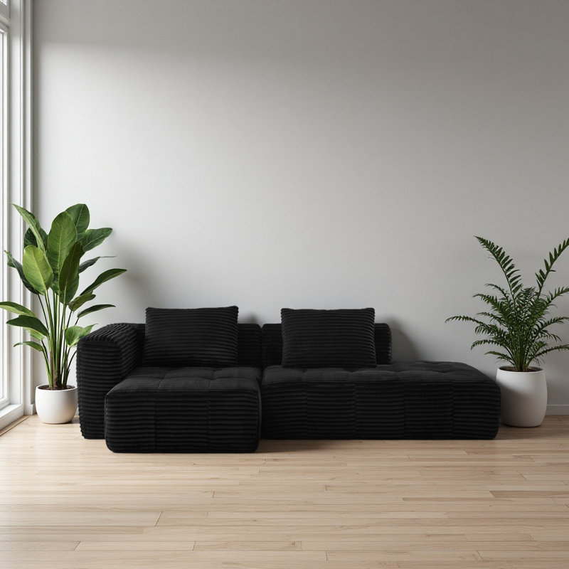 L-Shape Modular Compressed Couch,Cloud Sectional Sofa With Chaise Lounge,No Assembly Required, Black Chenille