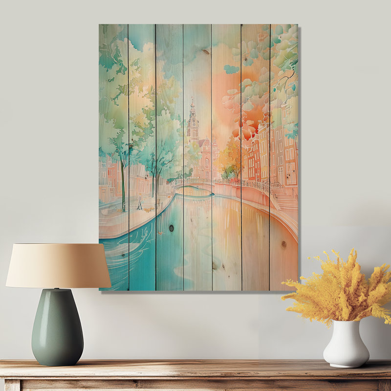 Amsterdam par l'été II - Art mural en bois industriel sur bois de pin naturel, H 44 po x l 34 po
