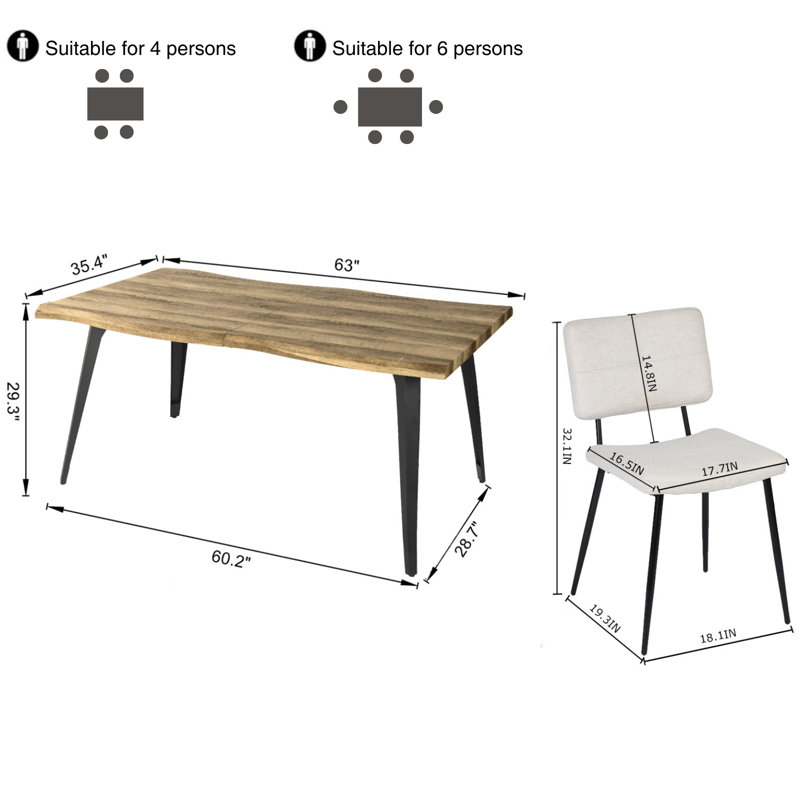 Shivani 5-Piece Modern Dining Set With Rectangular Wood Grain Table And 4 Upholstered Dining Chairs, Walnut, Beige