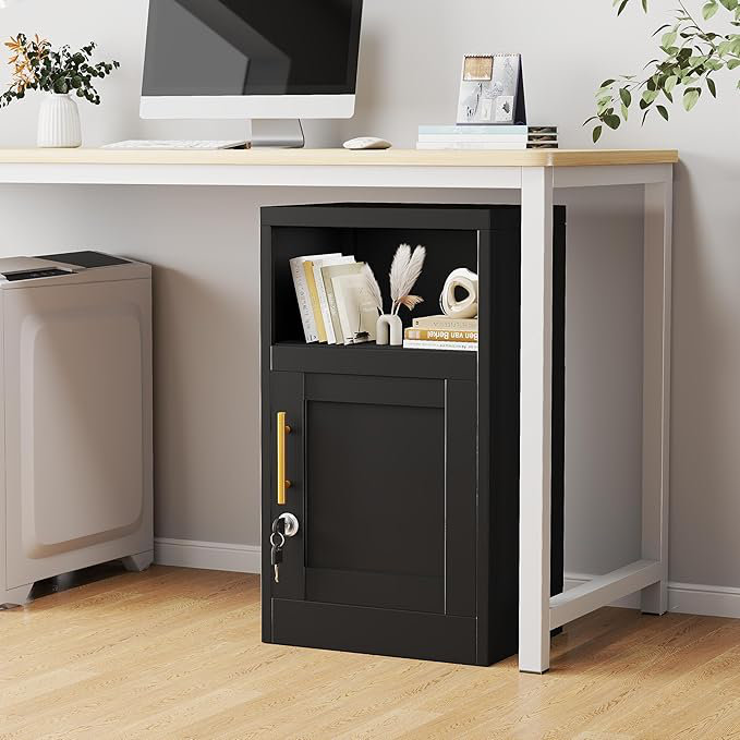 Steel Nightstand Cabinet with Locked Door and Adjustable Shelf, Under Desk Metal Storage Cabinet with Open Countertop, Can be Used for Sidetable, File Cabinets, End Table Black