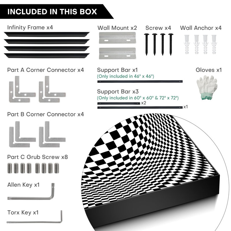 Reproduction d'art mural encadré noir et blanc à carreaux illusion optique déformée (assemblage de cadre requis)