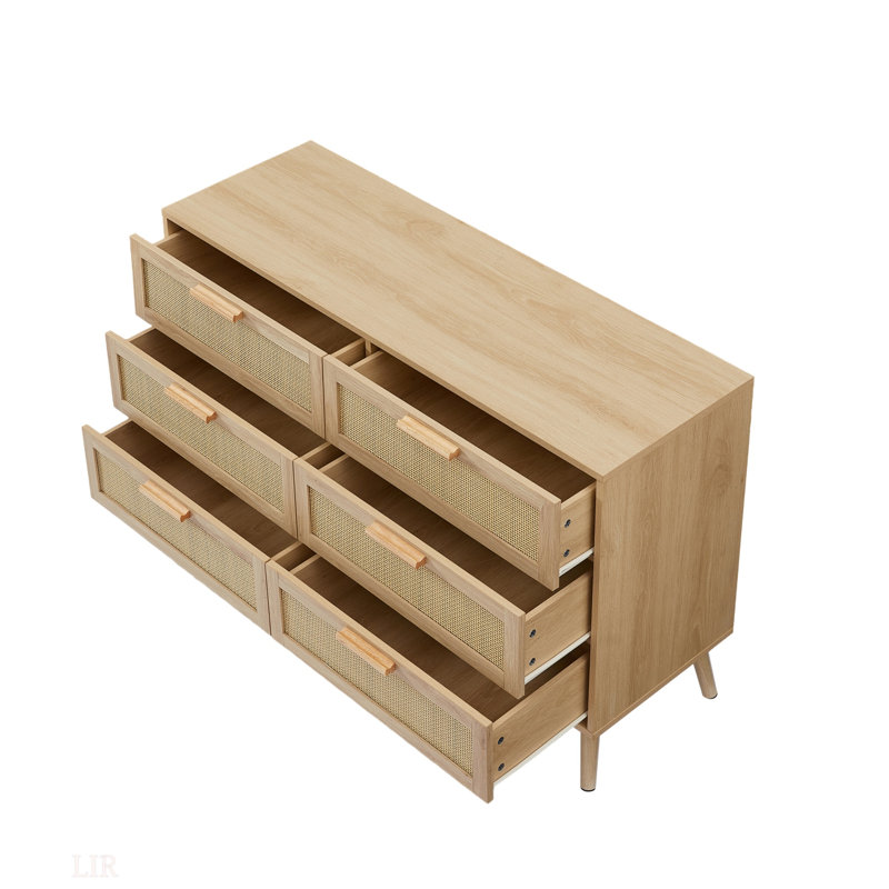 Commode de chambre à coucher, 6 commodes doubles avec tiroirs en rotin, commode en bois pour chambre d'enfant, l 47,2 po x P 15,8 po x H 30 po (commode)