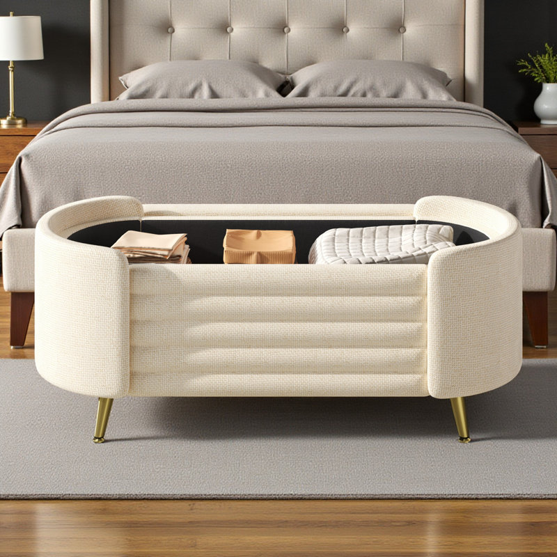 Curved Upholstered Storage Bench – Gold Metal Legs, Modern Oval Design, Beige
