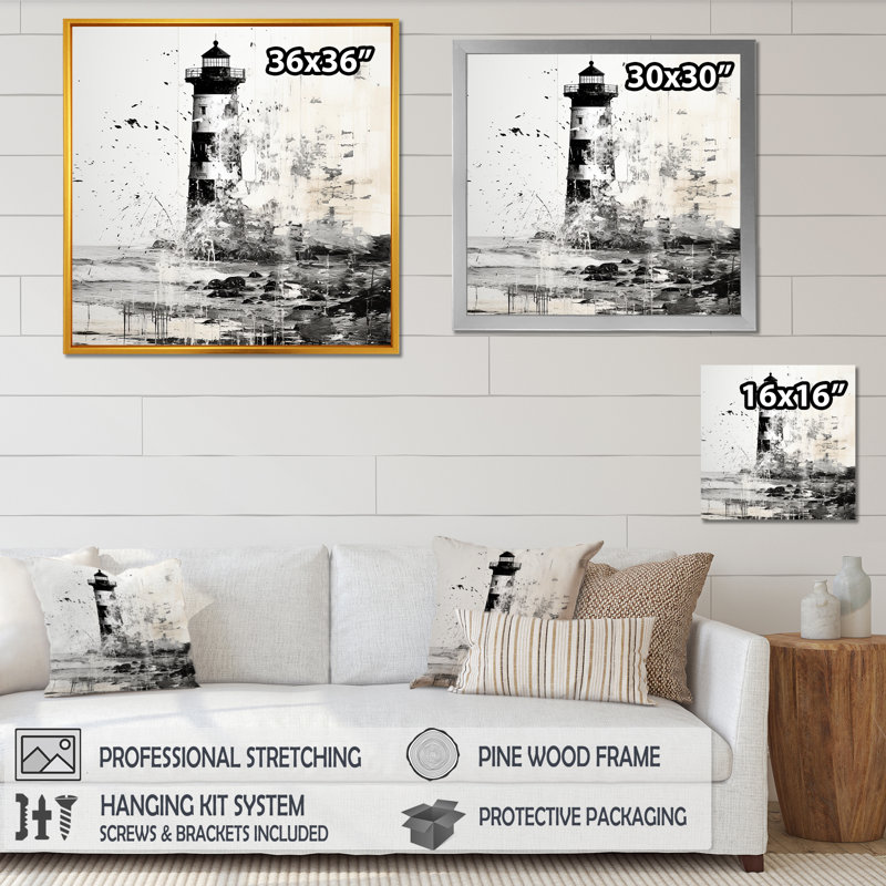 Mystérieux phare noir et blanc, Toile tendue, H 16 po x l 16 po x P 1 po