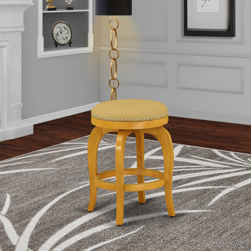 Bedford Counter Height Stool - Round Shape Vegas Gold PU Leather Upholstered Kitchen Counter Backless Stools, set of 2, Oak