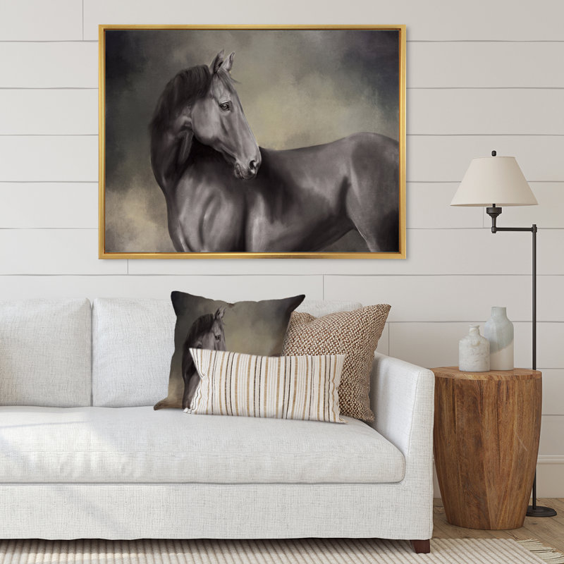 Portrait d'un cheval IV - Peinture sur toile, Cadre flottant doré, H 16 po x l 32 po