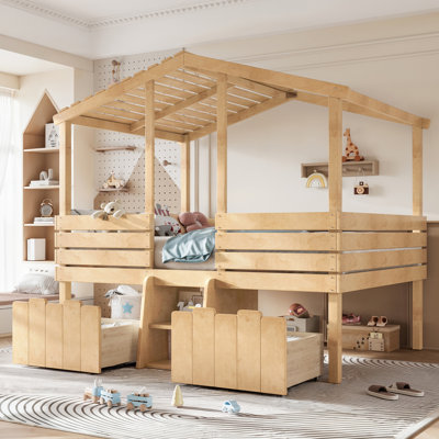 Lit mezzanine double avec escalier, 2 tiroirs de rangement et toit en forme de maison, lit mezzanine bas pour enfants, aucun sommier nécessaire, naturel