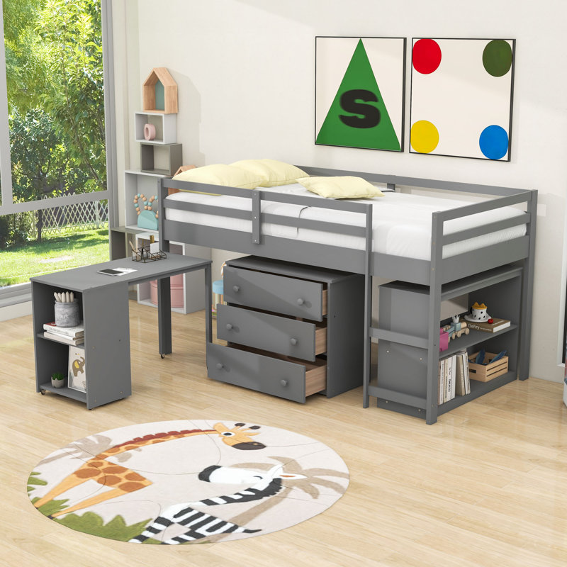 Wood Loft Bed With Desk And Storage Drawers,Ladder, Gray, Twin