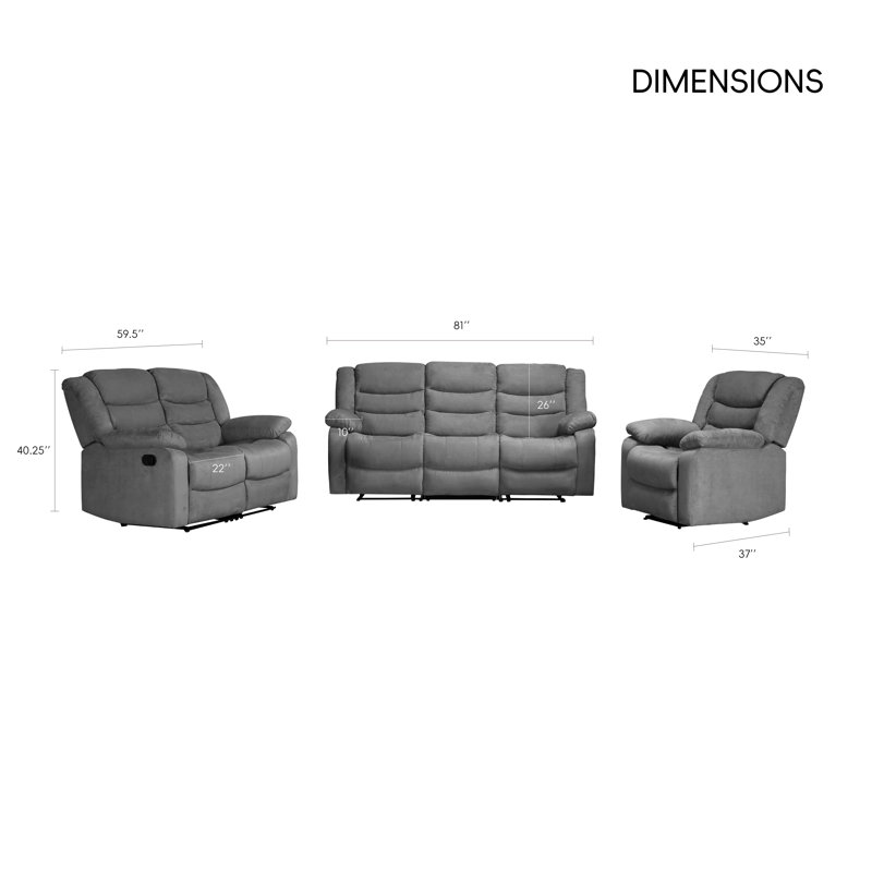 Ensemble de salon inclinable 3 pièces Monchat, Gris