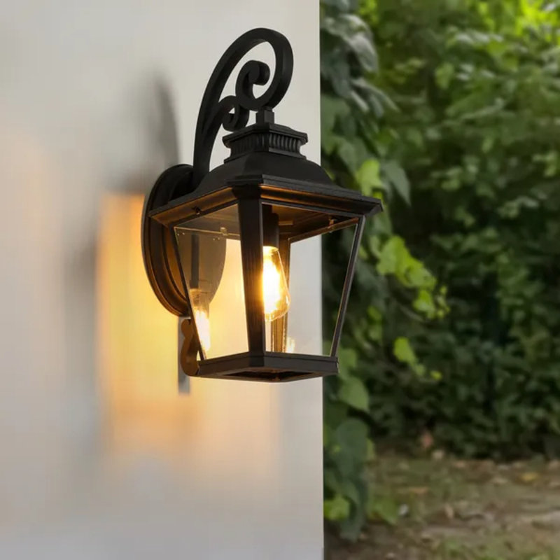 21"(h) 1-pack Outdoor Wall Lantern Light, Vintage Black Metal Exterior Sconce With Clear Glass & Decorative Scroll Design, Weatherproof Porch Light For Patio Garden (bulb Not Included)