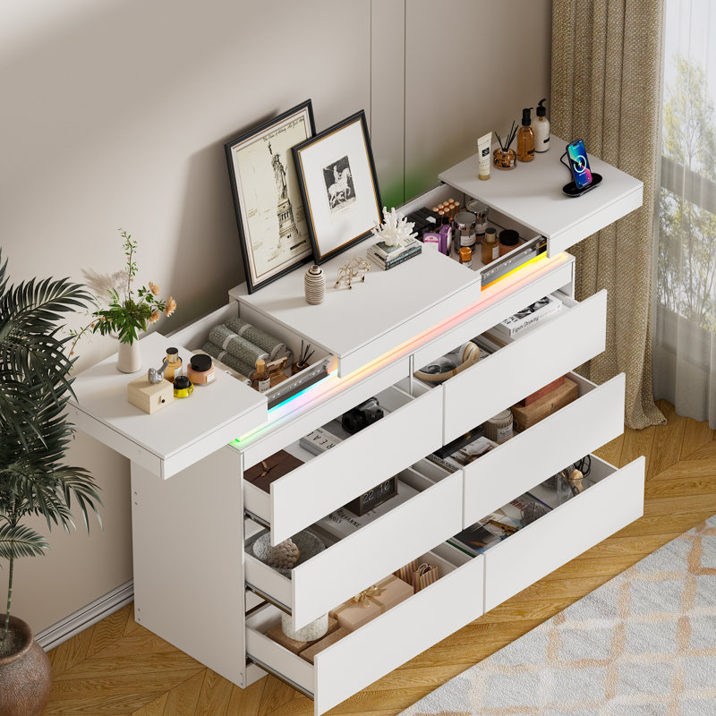 6 Drawer Dresser With Plip Top Mirror, Modern Dresser With Sliding Desktop, Wide Chest Of Drawers With Charging Station & Led Lights