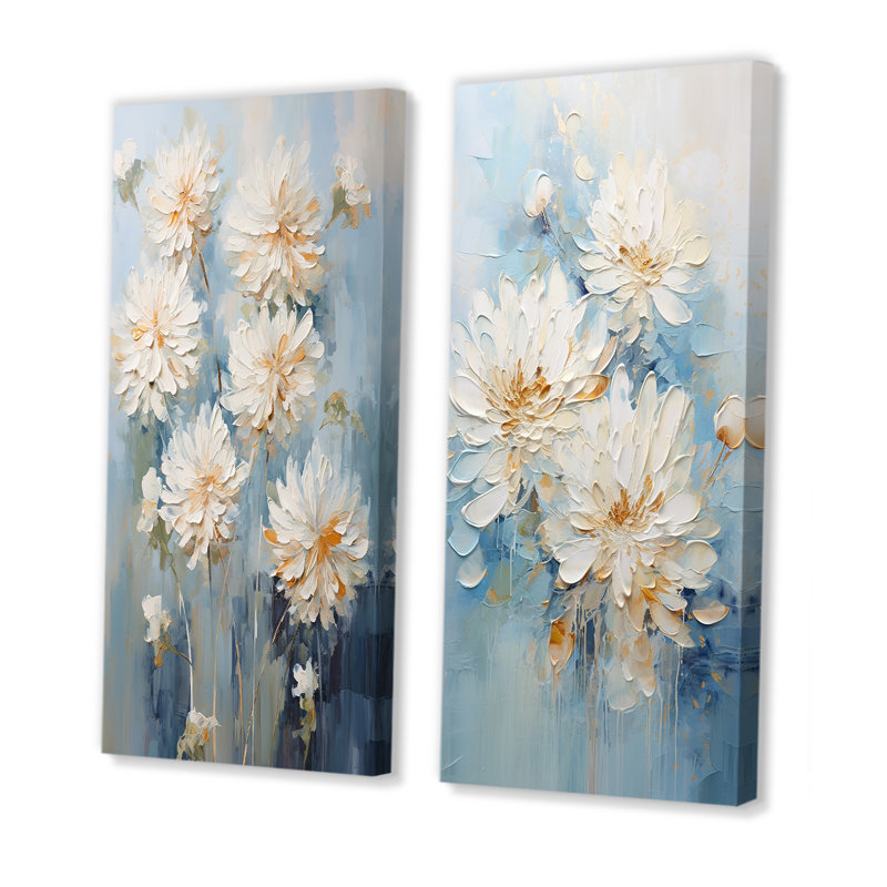 «White and Blue Chrysanthemums Painted Ink», ensemble de 2 reproductions d'art mural, Toile tendue, H 28 po x l 25 po