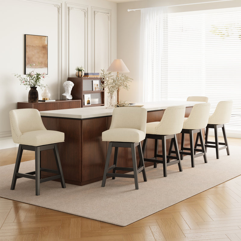 Swivel Upholstered Bar Stool with Solid Wood Frame, Beige, 6