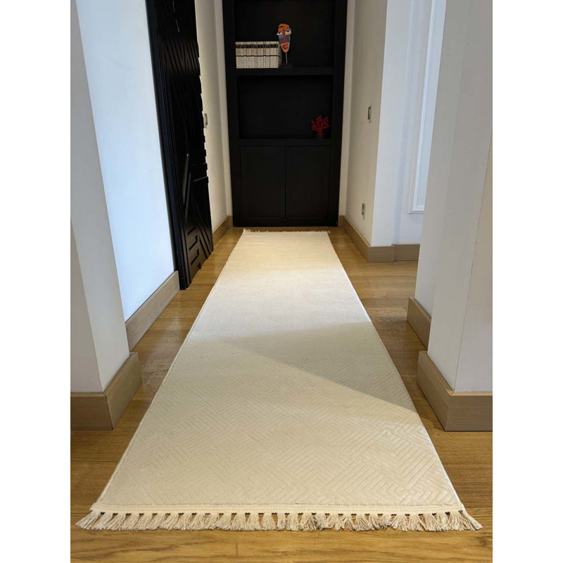 Tapis crème en coton tissé à la machine Landree, Rectangle 3 pi 3 po x 11 pi 6 po