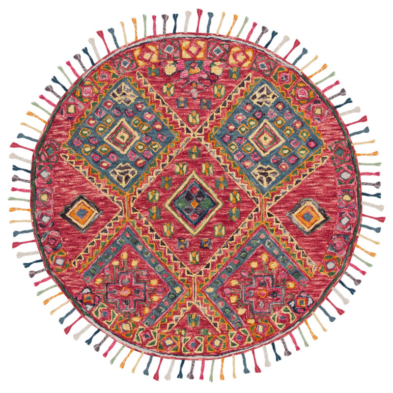 Tapis oriental en laine / coton touffeté à la main en rose / turquoise / brun / jaune, Rond 5 pi