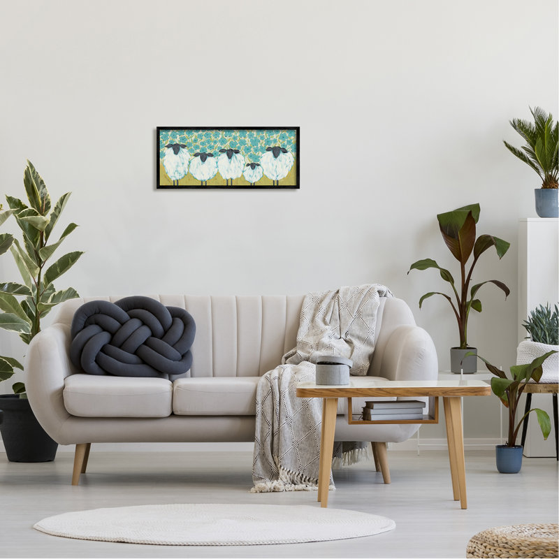 «Sheep Family Blue Daisy», estampe numérique texturée par Michele Norman, Giclée encadrée noir minuit