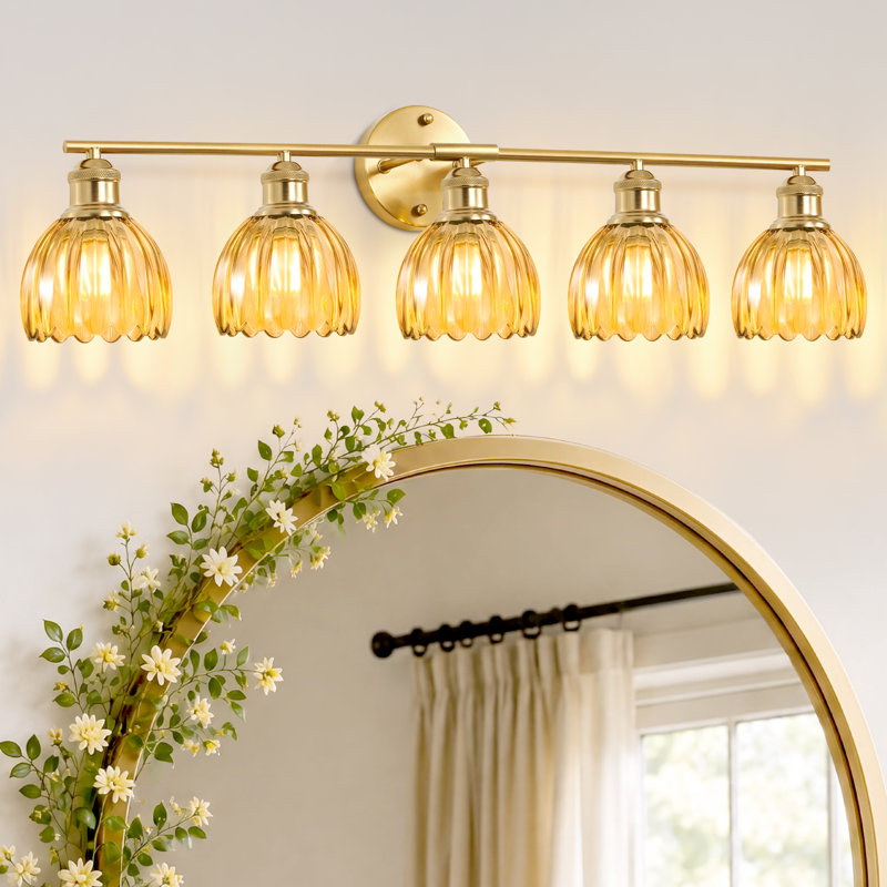 Éclairage pour salle de bain moderne à 5 lumières avec abat-jour en verre tulipe ambré, éclairage mural de salle de bain pour chambre à coucher, cuisine, salon