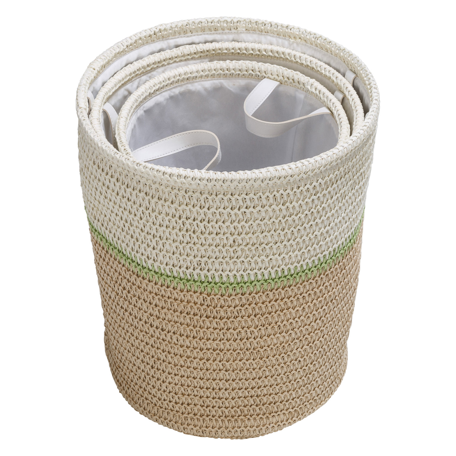 Fabric Decorative Basket - Set of 3, White/Brown