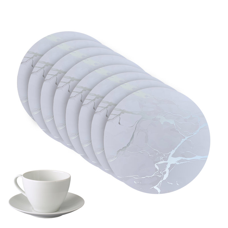 Marble Round 8 Piece Coaster Set, Silver