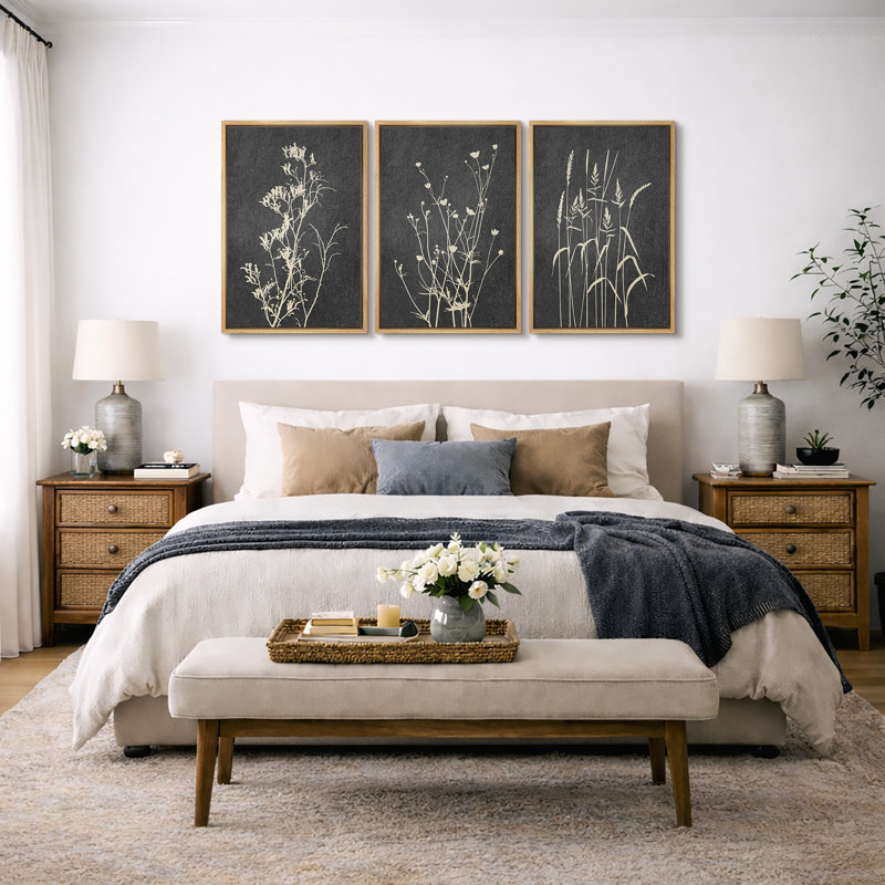 Minimal Botanical "Black Gray Plant Floral Botanical Artwork, Modern Abstract Neutral Wall Pictures, Framed Canvas Giclée Print 3 Pieces Wall Art" 16"x24"x3 pcs, 24"x36"x3 pcs