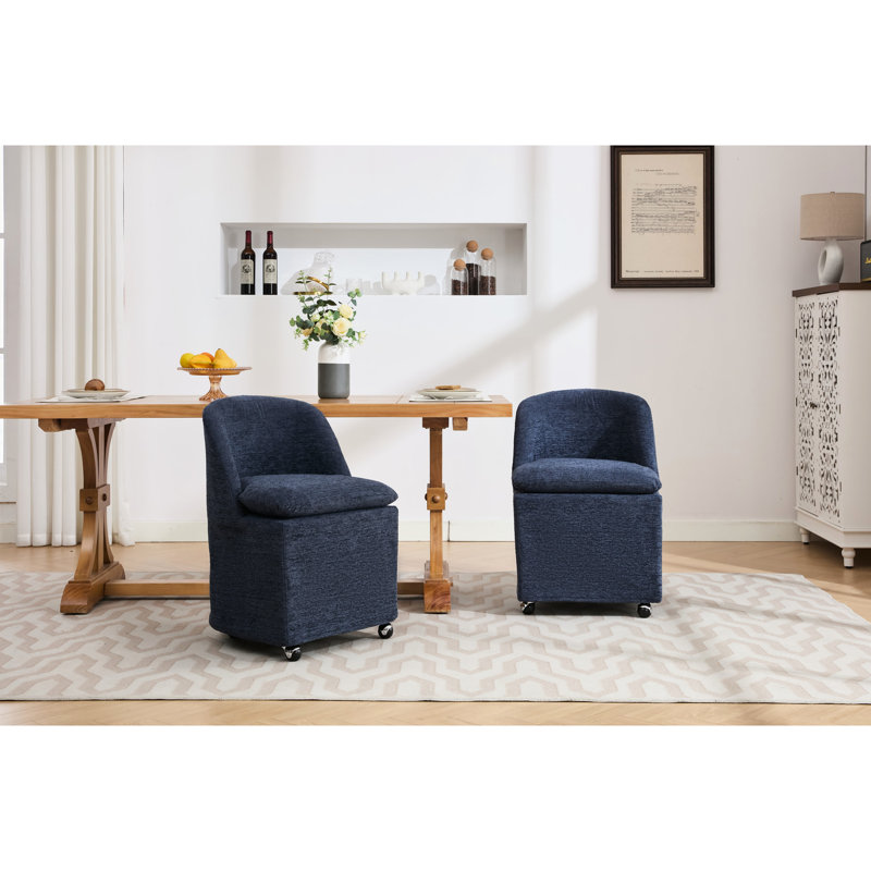 2 chaises de salle à manger modernes en chenille bleue avec roues universelles et chaises en bois, bleu, bras ergonomique rotatif à 360 °