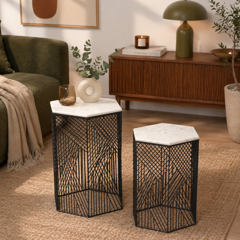 Ensemble de 2 tables d'appoint en marbre Hexagon