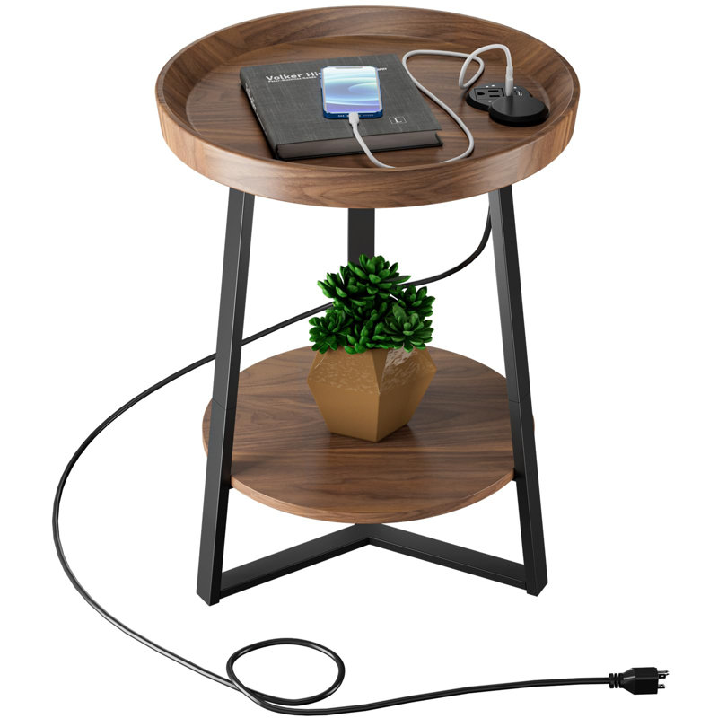 Round End Table With Charging Station, USB Ports, Wood Tabletop & Black Metal Frame, 2-Tier Side Table For Living Room, Bedroom, Brown 15.7 * 15.7 * 23.6Inches