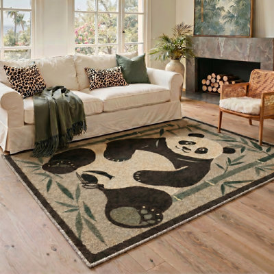 Machine Washable Animal Print Ivory / Black Area Rug With Non-Slip Backing