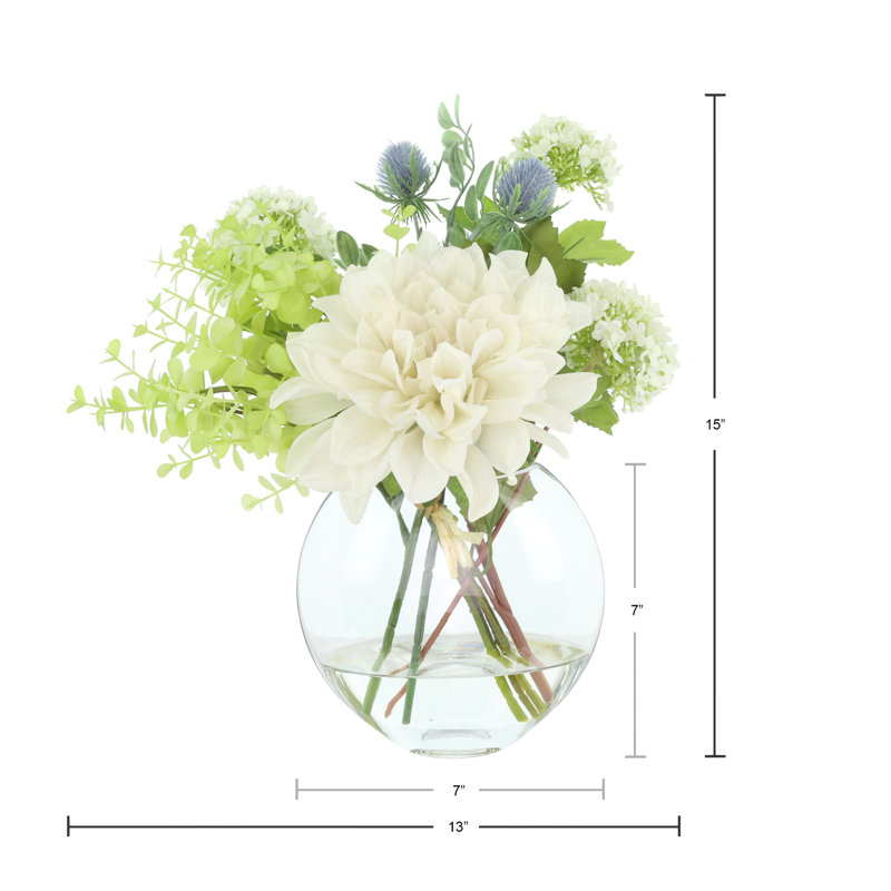 Dahlias and Eucalyptus Centerpiece in Vase, Beige
