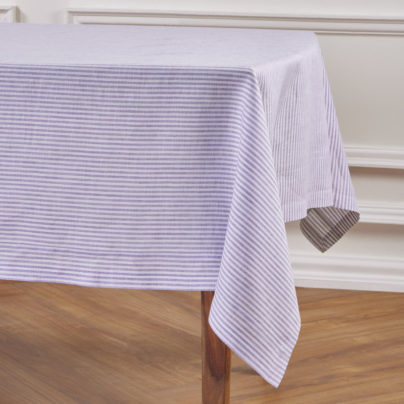 100% Pure Linen Tablecloth, Natural/White, 108" L x 60" W, Narrow Stripe