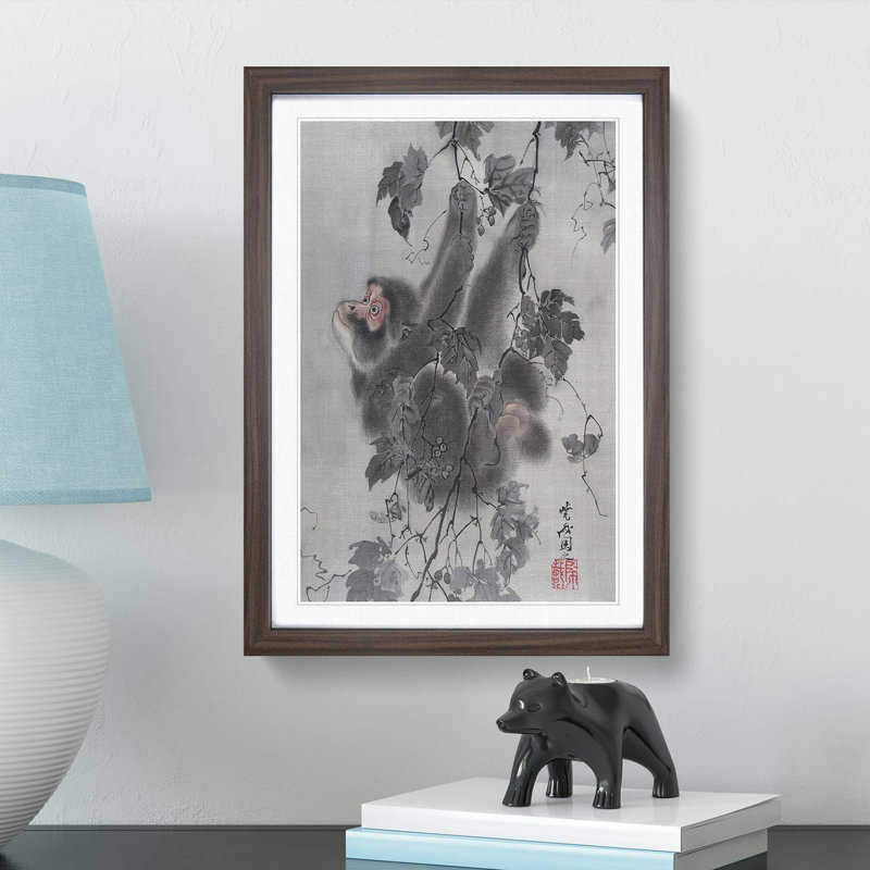 Monkey Hanging from a Tree by Kawanabe Kyosai - Picture Frame Painting Print on MDF, 48cm H x 36cm W x 2cm D, Walnut Framed