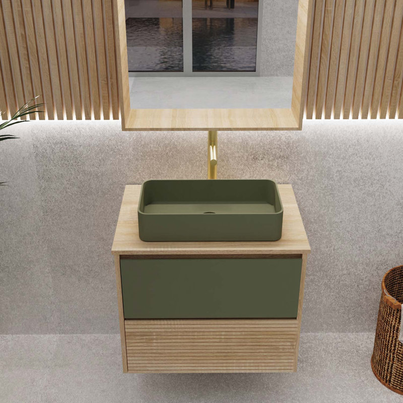 Meuble-lavabo avec plateau en bois et vasque Aeda, Vert