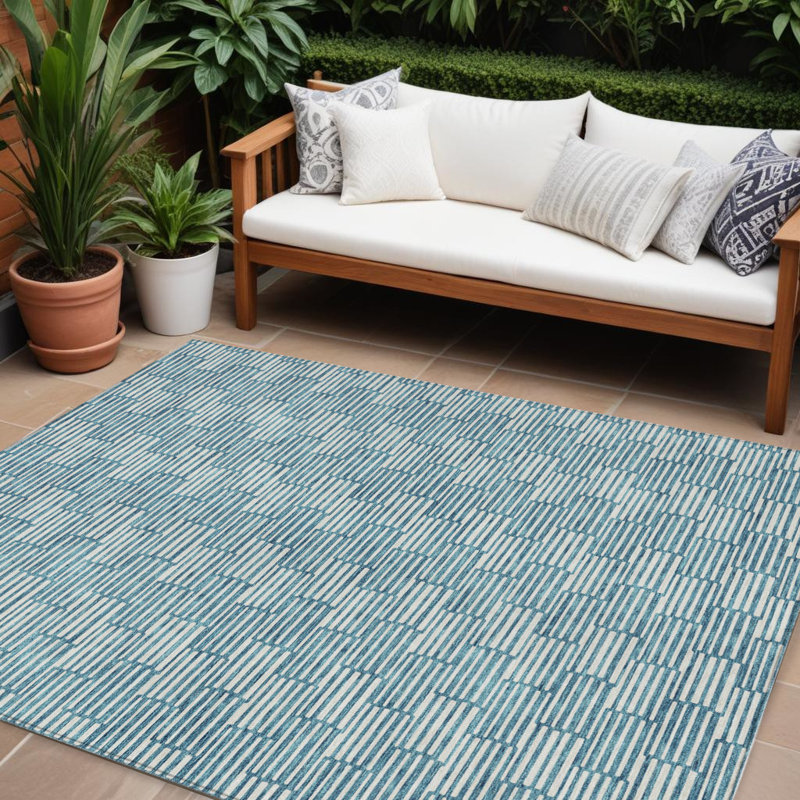 Tapis intérieur / extérieur 8 pi x 10 pi bleu sarcelle et ivoire à motif géométrique lavable