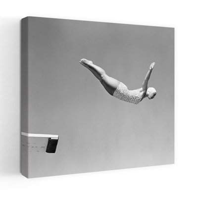 1950s, femme, cygne, plongée, planche de plongée, pièce, maillot de bain et bonnet de bain
