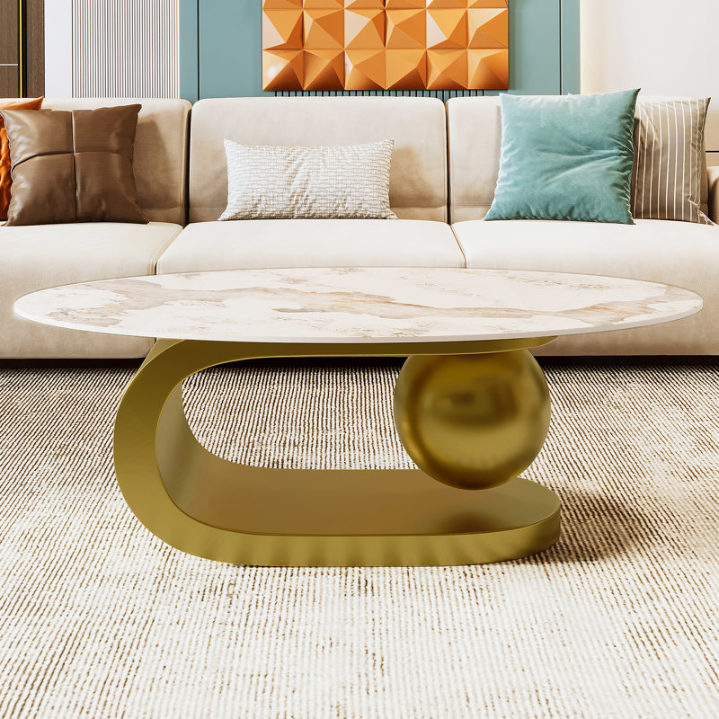 Table basse moderne ovale pour le salon, plateau de table en pierre frittée à motif marbré