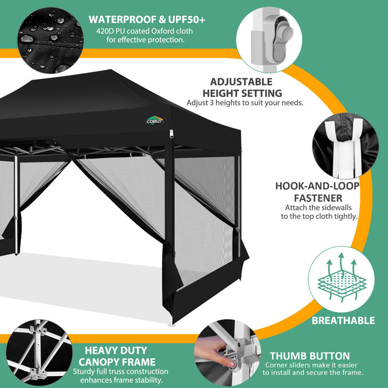 15 Ft. W x 10 Ft.DHeavy Duty Canopy Tent, Pop up Gazebo with Netting Screened, Black