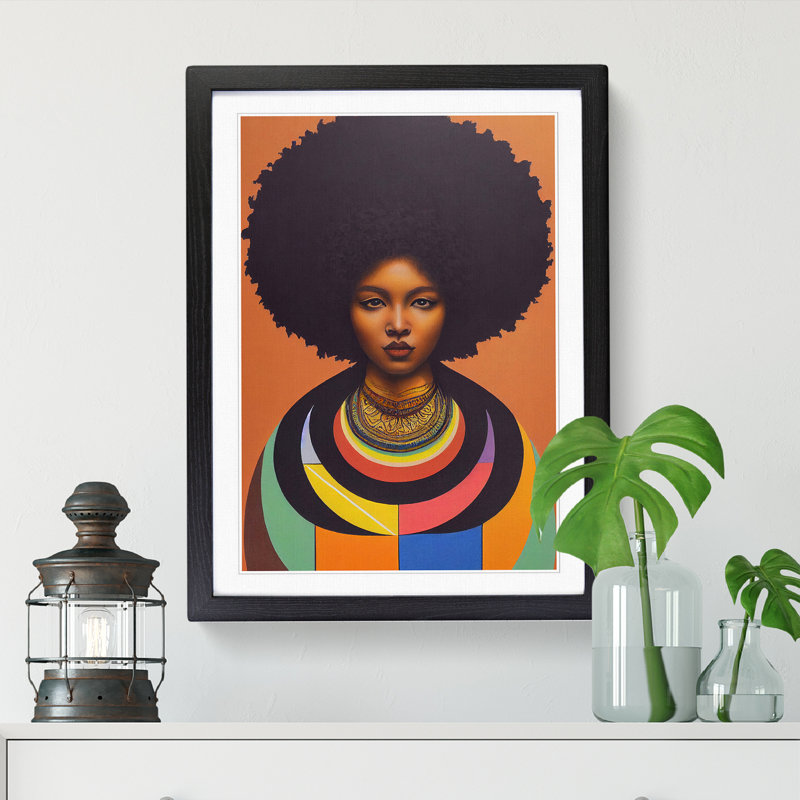 FRM-V0523-2937X Woman With Afro Mandala - Single Picture Frame Print, 64cm H x 46cm W x 2cm D, Black