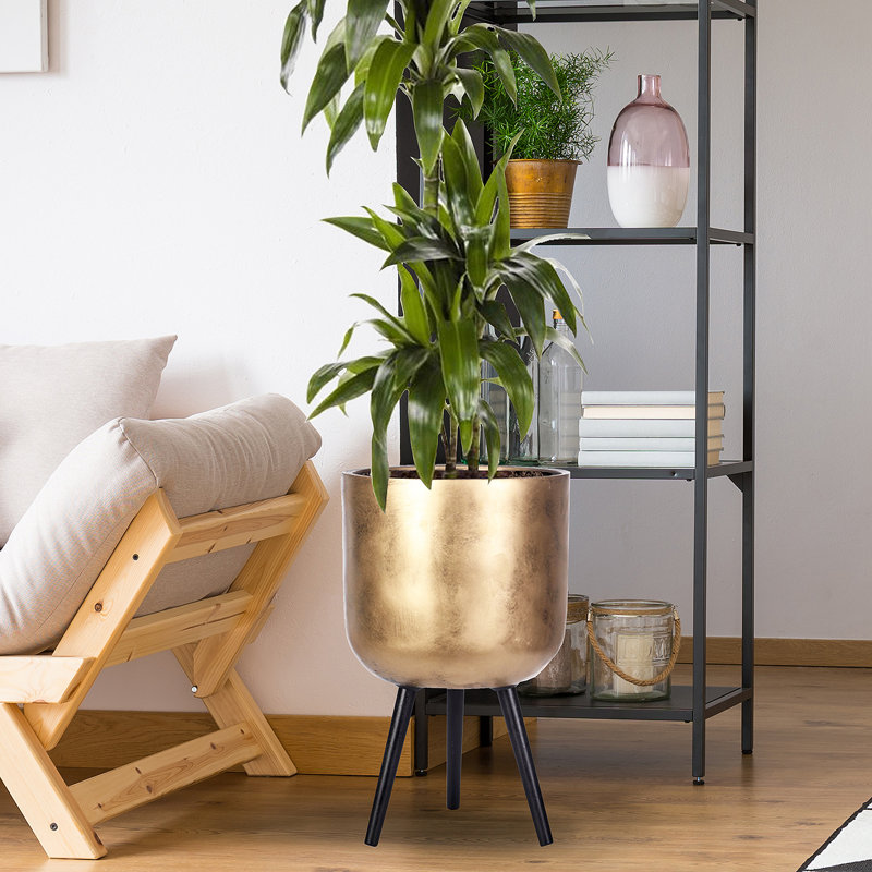 Metallic Concrete Effect Cylinder Round Planter on Hardwood Legs, Round Indoor Plant Pot Stand for Indoor Plants, Indoor Flower Pot