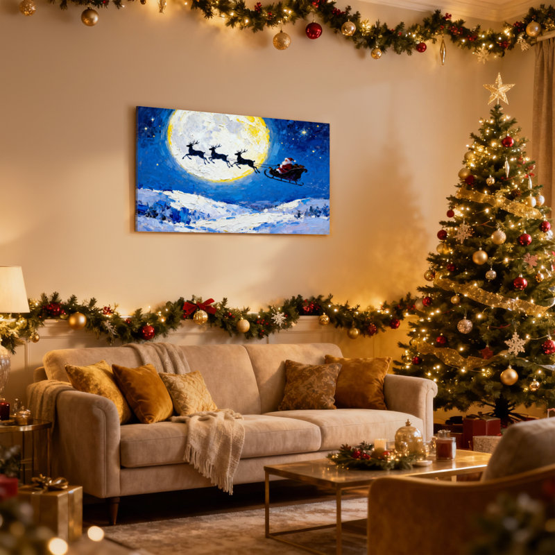 «Christmas Santa Flying With Reindeer Under Moonlight», ensemble de 3 reproductions d'art sur toile, H 24 po x l 36 po