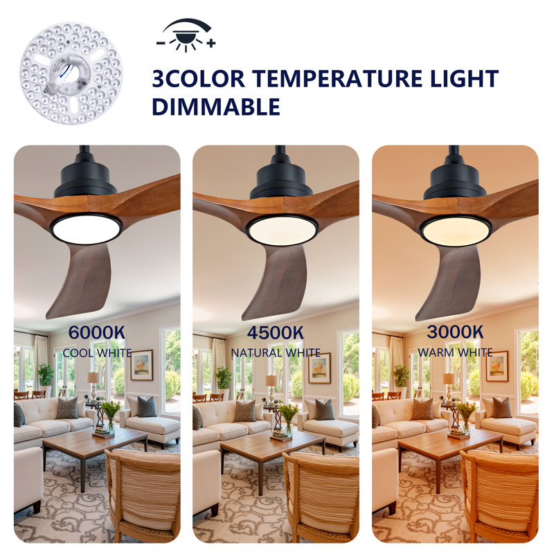 New Model Wood Ceiling Fan With 3 Solid Wood Blades Remote Control Reversible DC Motor For Living Room, 180 RPM, 52" Wide