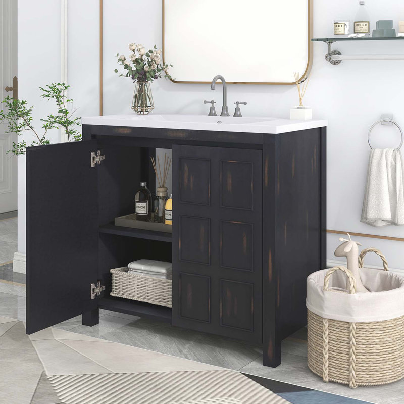 Meuble-lavabo sur pied simple 36 po avec plateau en bois massif Gurs Peace