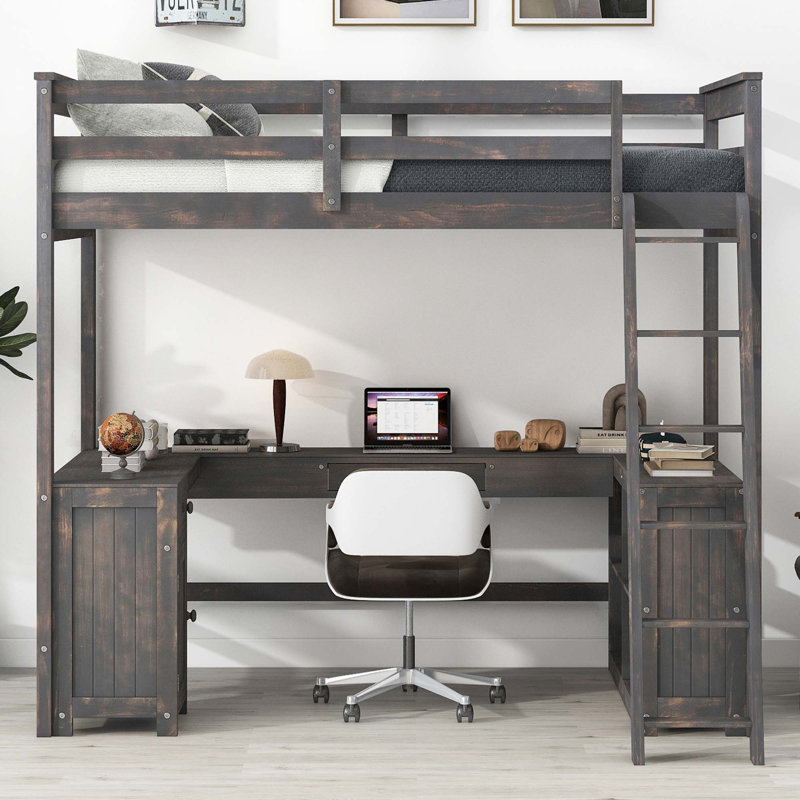 Full Size Loft Bed with U-shaped Desk, Drawers and Storage Shelves,, Brown, Full