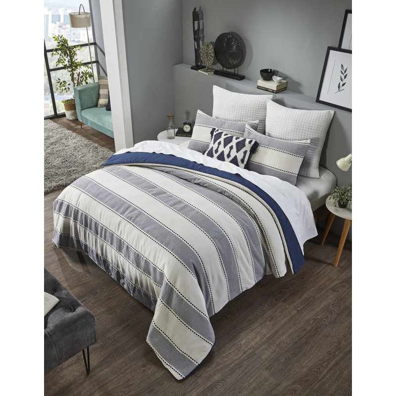 Ivory and Navy Striped Microfiber Queen Comforter Set