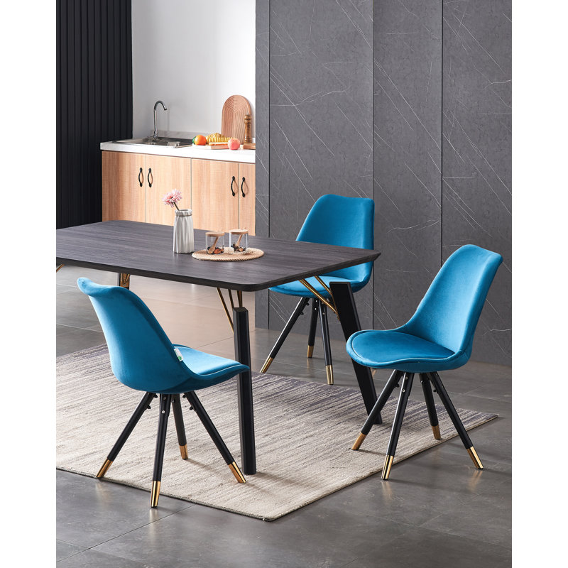 Gualtier 4 Person Dining set - a Rectangular Wooden Dining Table with Metal Legs and a Set of 4 Quilted Velvet Dining Chairs for Dining Room - Modern Dining Table Set