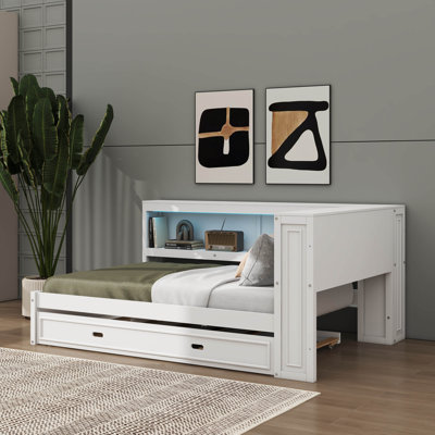 Lit de jour multifonctionnel en L avec lit gigogne, tablettes de rangement, ports USB et éclairage DEL