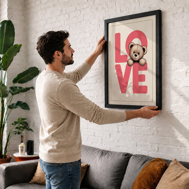 Love and Teddy Bear Typography - Framed Print, A4 - 29.7 x 21.0 cm, White