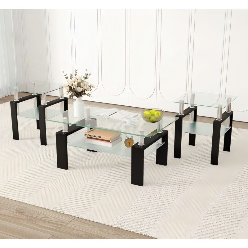 Ensemble de table de salon 3 pièces avec plateau en verre, pieds en métal et 2 tablettes de rangement Esbeidy, comprenant 1 table basse et 2 tables de bout