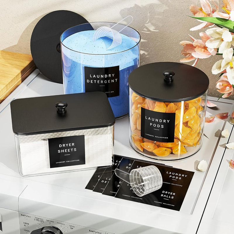 3 Pack Laundry Pods Storage Containers, Clear Acrylic Laundry Room Organization Canisters With Wooden Lids And Labels, Detergent Powder And Dryer Sheet Holder Set For Laundry Room Organization
