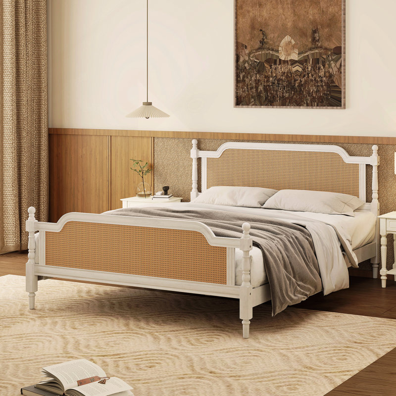 Traditional Style Rattan King Size Bed Frame,No Box Spring Needed,Antique Walnut, King, Antique White